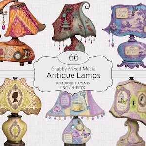 Antika lampor Clipart, Shabby Chic-lampe-ephemera, Junk Journal-element, viktoriansk scrapbook, digitalt collage, PNG och utskrivbara ark