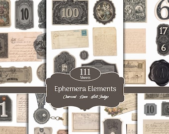 May include: A collection of vintage ephemera elements in shades of charcoal, linen, and soft indigo. The image includes antique labels, numbers, stamps, and handwritten notes. The text "Ephemera Elements" and "111 Sheets" are visible.