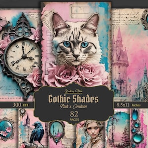 Pink Gothic, Junk Journal Pages, Blue Gothic, printable Pages, collage sheets, scrapbooking card, Enigmatic paper, Pink ephemera, Digital