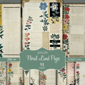 Páginas de diário com linhas florais, diário de lixo, papéis básicos, páginas surradas para impressão, papel em branco vintage, papel de escrita com linhas grunge, álbum de recortes