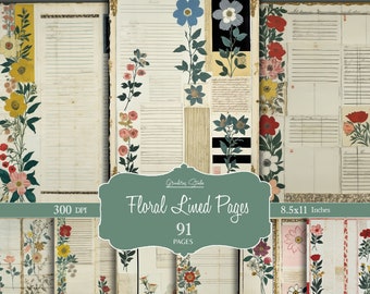 Lined floral Journal Pages, Junk Journal, Basic Papers, Printable Shabby Pages, Blank Paper Vintage, Grunge Lined Writing Paper, scrapbook