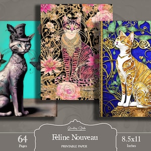 Gatos Art Nouveau, Ilustraciones digitales, Papeles para diario, ATC, Papel para manualidades, Diario basura, Descarga digital, Efímeras, Hojas de collage