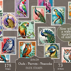 Druckbare Fake Briefmarken, Eulen Stempel, Papagei Briefmarken, Pfau Briefmarken, Junk Journal, Ephemera, Faux Briefmarken, wählerische Schnitte, Sammelalbum, Verzierungen
