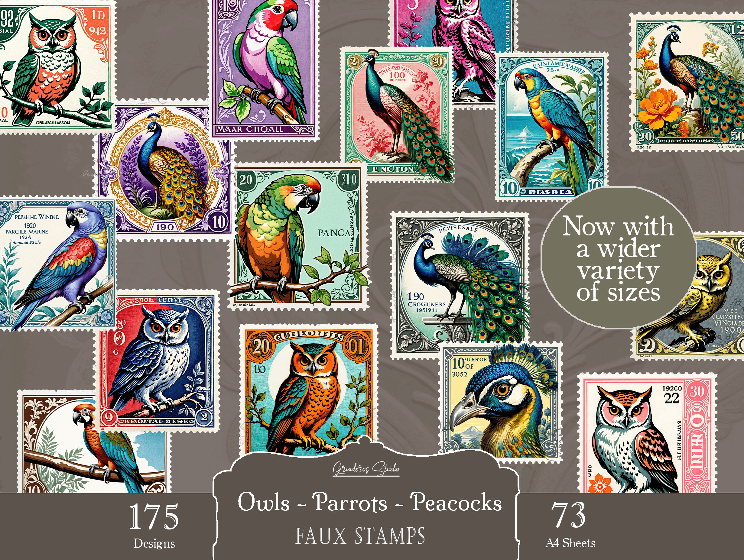 Printable Fake Stamps, Owl Stamps, Parrot Stamps, Peacock Stamps, Junk Journal, Ephemera, Faux Stamp