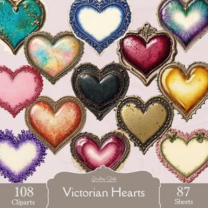 Victoriaanse hart clipart, romantische Valentijnsdag harten, edelsteen png, digitale download voor kaarten, etiketten, plakboeken, ongewenste tijdschriften, ambachten