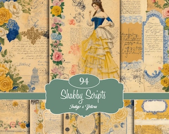 Printable Vintage floral ephemera with documents and letters for scrapbooking, journaling, and shabby chic crafts,  blue and yellow, Digital