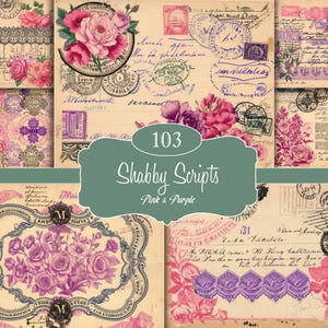May include: A collage of vintage-style papers with floral and script designs in pink and purple hues. The papers feature stamps, handwritten text, and decorative borders. The text "103 Shabby Scripts Pink & Purple" is displayed on a teal-colored label.