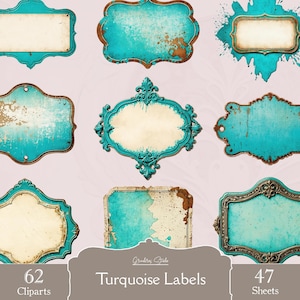 Étiquettes minables, cliparts PNG et 47 feuilles, turquoise, cadres victoriens, étiquettes et notes, parfait pour les journaux indésirables, téléchargement numérique