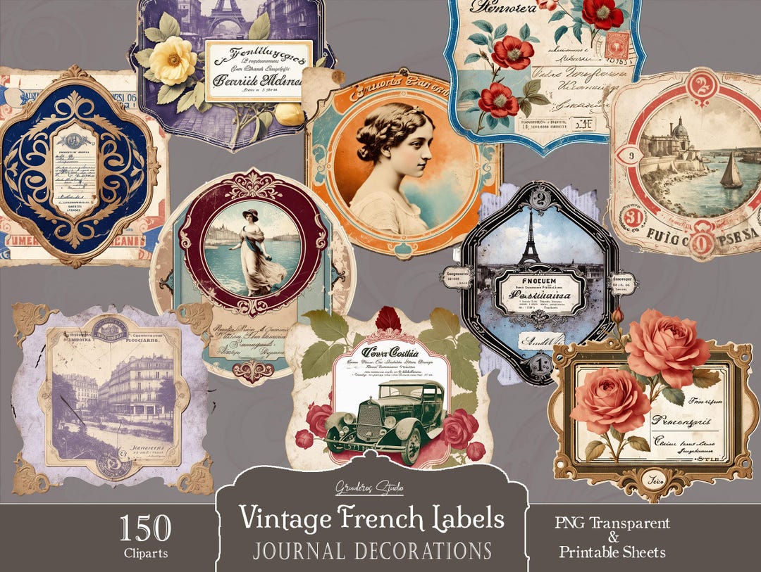 French Ephemera Labels, Digital Collage Sheet Download, Digital Paper ...