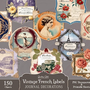 Franse kortstondige labels, digitaal collageblad downloaden, digitaal papier, afdrukbare items direct downloaden, Franse tijdschriftlabels, afdrukbare Parijs
