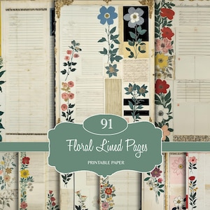May include: A collection of 91 floral lined pages, printable paper. The pages feature a variety of floral designs in red, pink, yellow, and blue. The text "Floral Lined Pages" is displayed on a green background.