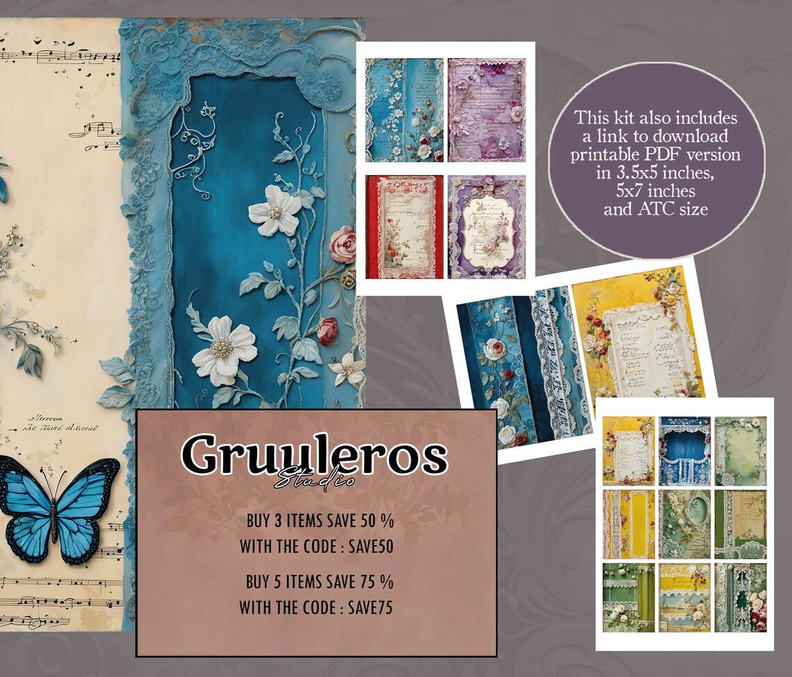 Shabby Chic Junk Journal Lace Ephemera Collage Sheets Printable Flower ...