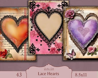 Valentine's Lace Herzen, Digitales Papier, Rustikale Valentinsseiten, Junk Journal, Scrapbooking, sofortiger Download, Romantische Ephemera, Decoupage