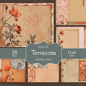 May include: A set of 38 printable digital papers in terracotta tones featuring floral designs and distressed textures. The papers are 11x8 inches.