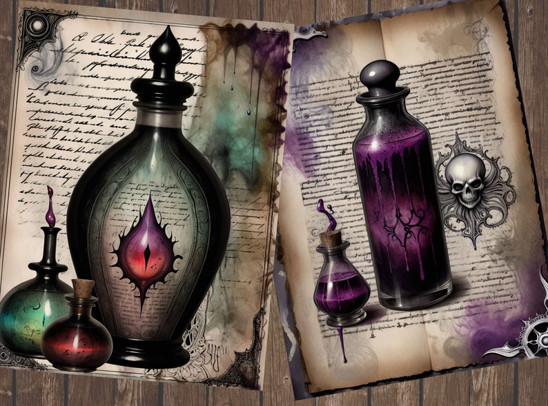 Potion Bottles Junk Journal Pages, Dark Gothic Scrapbook Page, Witch ...