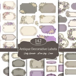 May include: A collection of 142 antique decorative labels in various shapes and sizes. The labels feature floral designs and come in dusty lavender, stone gray, and cream colors. The text on the image reads "Antique Decorative Labels".