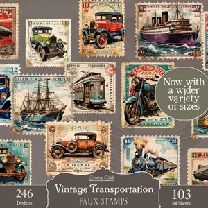 Francobolli falsi, francobolli da viaggio vintage, automobili, treni, biciclette, navi, stampabili, francobolli falsi, adesivi, album, abbellimenti, download digitale