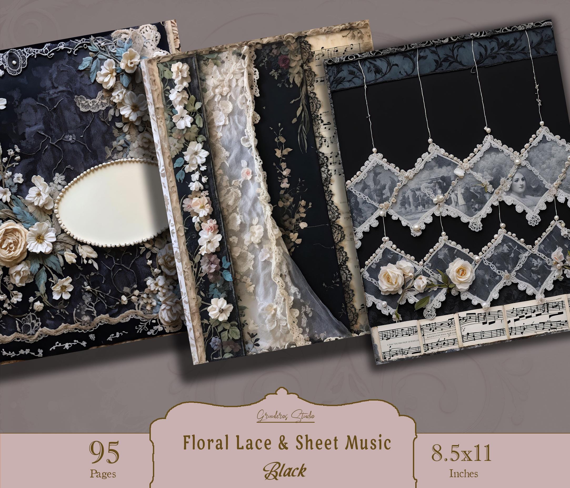Lace Junk Journal, Printable, Black Lace Images, Lace Digital Journal ...