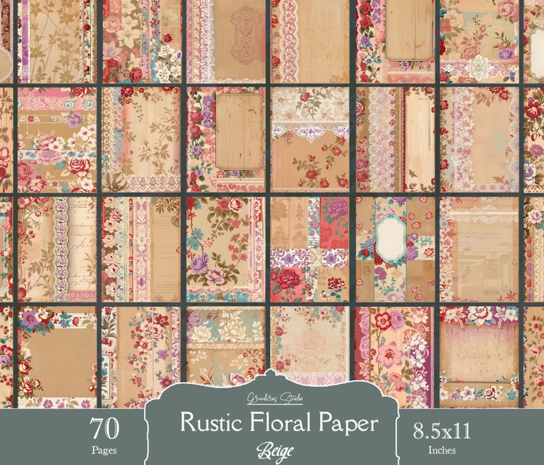 Rustic Floral Digital Paper Pack, Shabby Chic Roses Scrapbook Collage ...