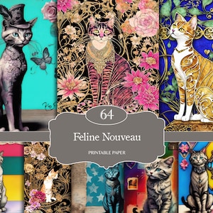 May include: A collection of 64 printable papers featuring stylized cat illustrations in the Art Nouveau style. The cats are depicted in various poses and settings, with floral and geometric patterns. The text "Feline Nouveau" is displayed.