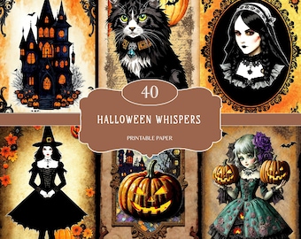 Halloween Junk Journal Pages, ATC cards, Pumpkin Collage Sheet, Digital Scrapbook Paper Kit, Spooky Gothic Printable, Vintage Ephemera