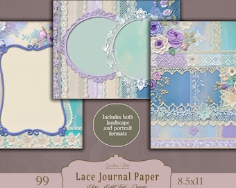 Soft Lace Junk Journal Kit, Teal and Lilac, Shabby Chic Scrapbook Papers, Pastel Green Collage Sheets, Digital Ephemera, Journaling, Crafts