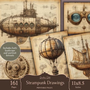Pagine di diario con disegni steampunk, carta digitale industriale vittoriana, kit per album di ritagli meccanici, fogli di collage di effimeri vintage