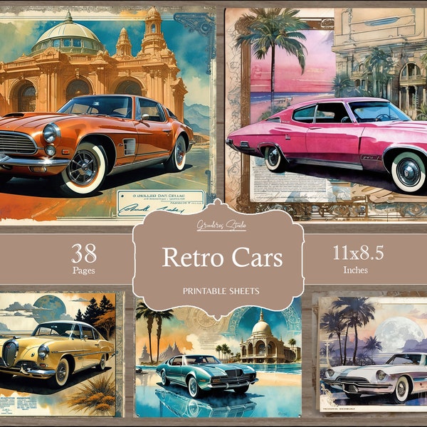 Classic Cars Journal Kit, Retro Cars, Vintage Cars Junk Journal, Journal Pages, Full Sheet, Vintage Transport Paper, Vintage Cars Ephemera