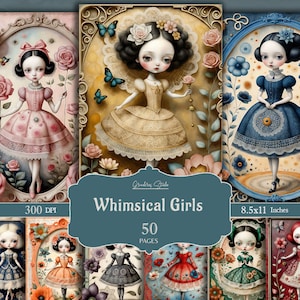Meninas caprichosas, Diário de bonecas, Scrapbooking para impressão, 50 páginas de diário de lixo, JPG e PDF, itens efêmeros caprichosos, papéis digitais para meninas