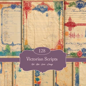 May include: A selection of antique papers with decorative borders in red, blue, green, and orange. The papers display handwritten script and ornamental designs, with the text "Victorian Scripts" and the number "128".