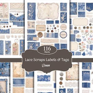 May include: A collection of 116 sheets of lace scraps, labels, and tags featuring denim blue fabric textures, cream-colored lace trim, brown buttons, and floral illustrations. The set includes various rectangular and scalloped shapes.