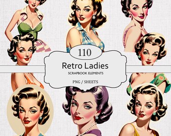 1950s Women Clipart Bundle: Retro Housewife Ephemera (Digital Download, PNG & PDF Sheets