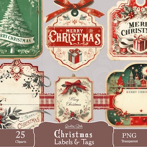 Cliparts vintage kerstetiketten, transparante png, clipart retro tags, etiketten ideaal voor geschenken, decoratieve etiketten, digitale download