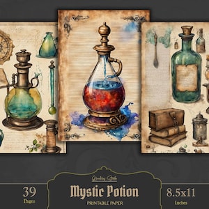 Mystic Potion Watercolor Gothic Junk Journal Page, Digital Scrapbook Paper Kit, Apothecary Magic Spell Book Witchy Alchemy Paper Printable