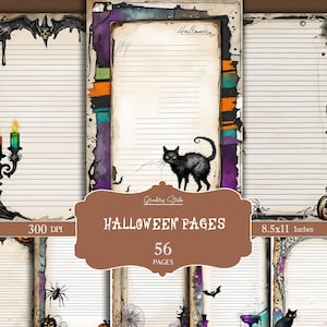 Papelería imprimible de Halloween, papelería de gato negro, juego de escritura de cartas, página de diario en blanco, lindo bloc de notas digital, inserciones de planificador personal
