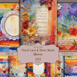 Bohokantdagboek, Rainbow Lace Paper Pack, kleurrijk, boho chic, shabby bloemen afdrukbare pagina's voor junkjournal, plakboeken en collages