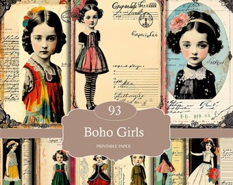 Boho Girl Journal Papers, Printable sheets, Whimsical Boho, Lined Paper, Scrappy Paper, Digital Scrapbooking, Junk Journal, Digital Download
