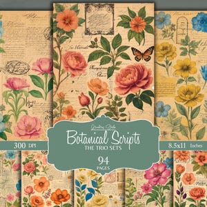 Kit de diário botânico vintage com itens efêmeros inspirados na natureza. Perfeito para diários de lixo, álbuns de recortes e projetos criativos para impressão