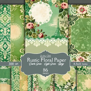 Green Floral Junk Journal, Printable Vintage Paper, Decorative Rustic Florals, Scrapbook Background, Green Journal Pages, Instant Download