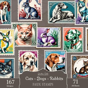 May include: A collection of rectangular faux stamps featuring illustrations of cats, dogs, and rabbits in various colors and styles. The text includes numbers and labels like 167 Designs, 71 A4 Sheets, and Cats - Dogs - Rabbits FAUX STAMPS.
