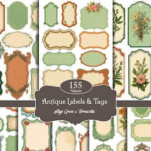 Könnte beinhalten: Eine Sammlung antiker Etiketten und Anhänger in Salbeigrün und Terrakotta. Die Etiketten weisen verschiedene Formen und Designs auf, darunter florale Akzente und dekorative Bordüren. Der Text "Antique Labels & Tags" und "155 Sheets" ist sichtbar.