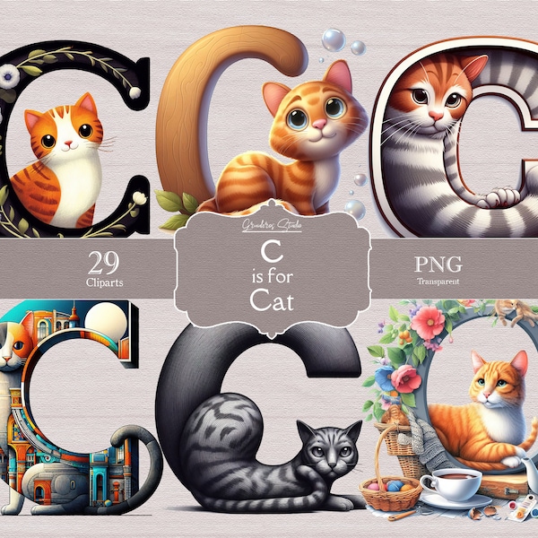 Cute Cats font, Children's font set, Letter "C" png, cute animals png files, clipart, high quality, kids alphabet, animal font, Cats