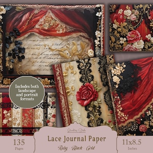 Papel de renda vermelha, papel de renda preta, kit de papel para scrapbook digital, impressão vitoriana, folha de colagem com borda grunge, inserções de diário, renda preta