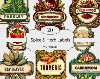 Printable Spice Labels, Herb Labels, Seasoning Labels, Vintage Tags for Jars, Journal Ephemera, Instant Digital Download, Commercial Use