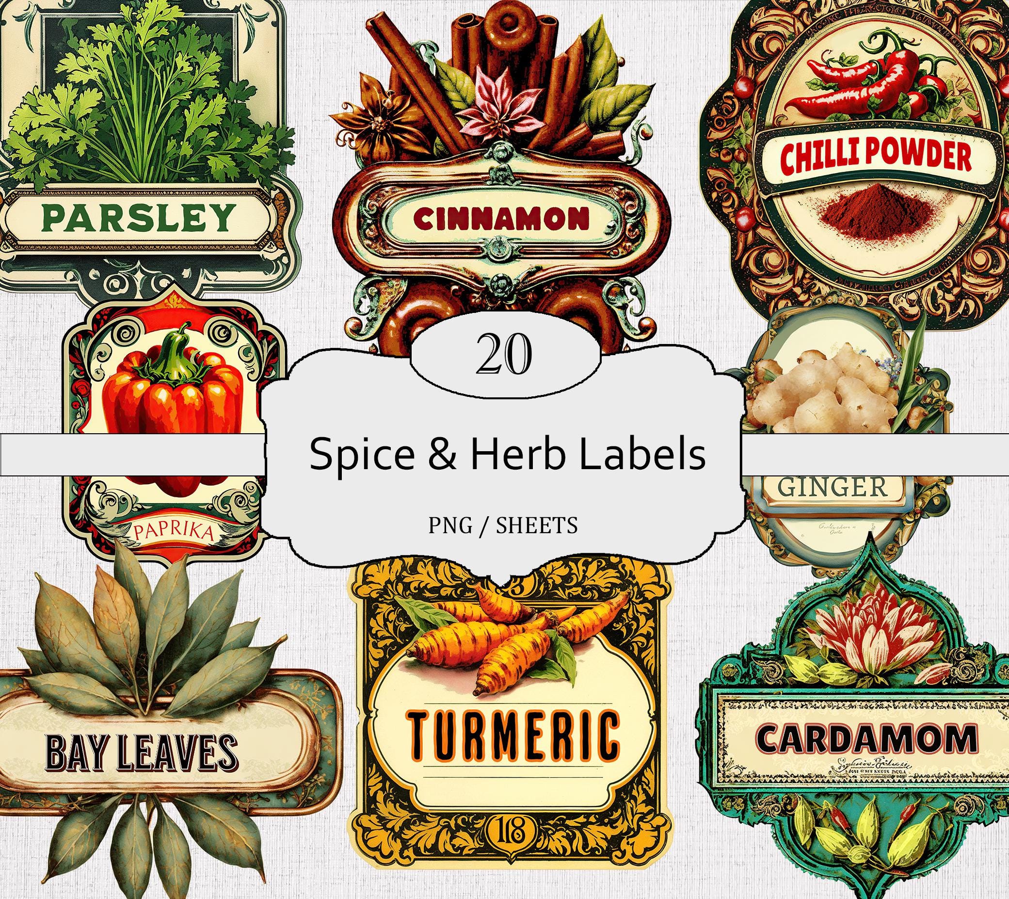 Printable Spice Labels, Herb Labels, Seasoning Labels, Vintage Tags for