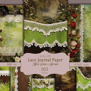 Green lace, junk journal kit, Lace and Forest, Vintage floral ephemera. Perfect for scrapbooking, collages and shabby chic projects. Digital