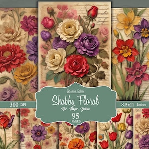 Floral junk-dagboekkit met vintage boho-ephemera. Afdrukbare pagina's voor plakboeken en junkjournaling. Paars en rood, direct downloaden