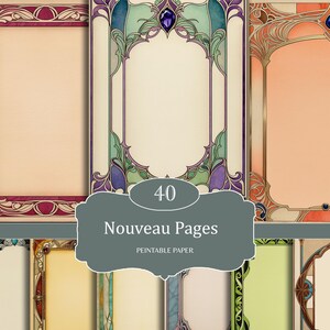 Art nouveau briefpapier, scrapbookpagina's, sierlijke rand afdrukbaar papier, shabby chic dagboekpagina's, blanco pagina's, antieke lijsten