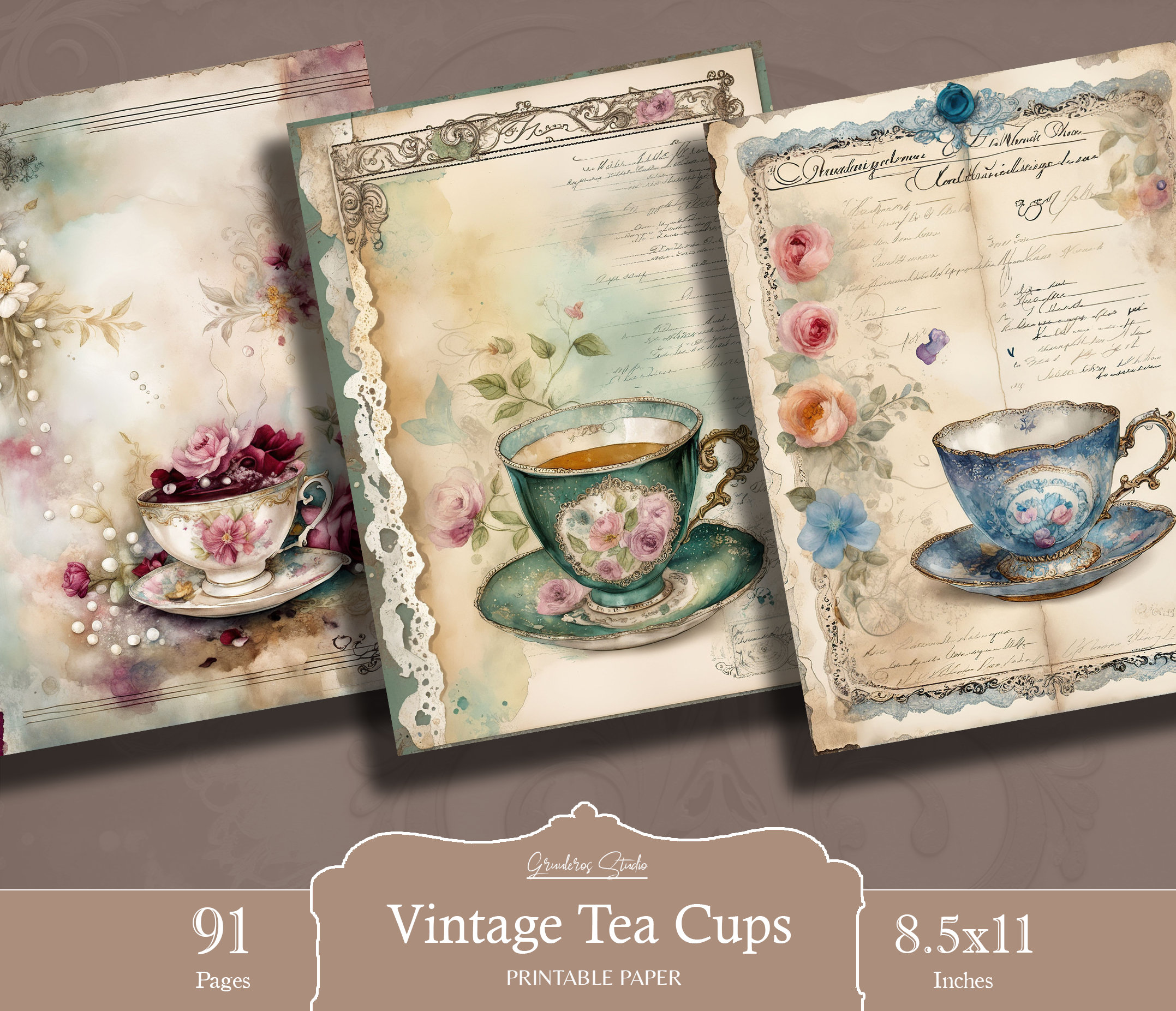 Tea Cup Junk Journal Paper, Antique Journal Pages, Shabby Chic, Vintage ...