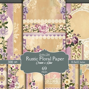 Papel de scrapbook boho, flores en crema y lila, páginas de diario vintage en tonos neutros, base shabby chic, papeles scrapbook para imprimir